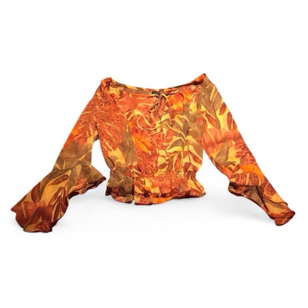 Y2K Studio Y Orange Cheetah & Leaf Print Sheer Blouse w/ Bell Sleeves - Small